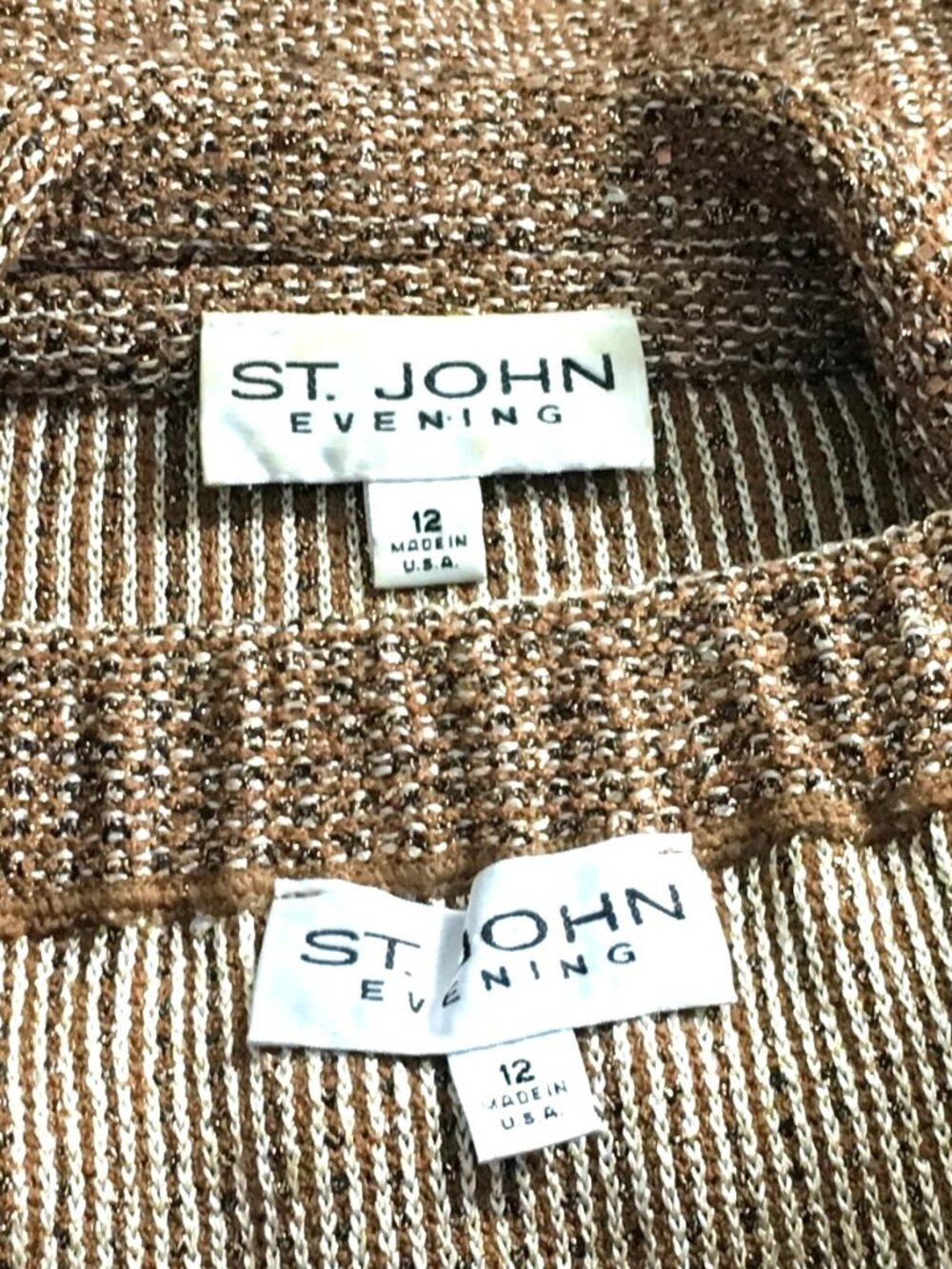 BEAUTIFUL St John evening knit brown tan multi embellished skirt suit size 12 - Picture 10 of 10
